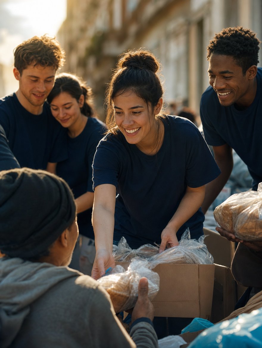 Youth volunteers handing out food and care packages