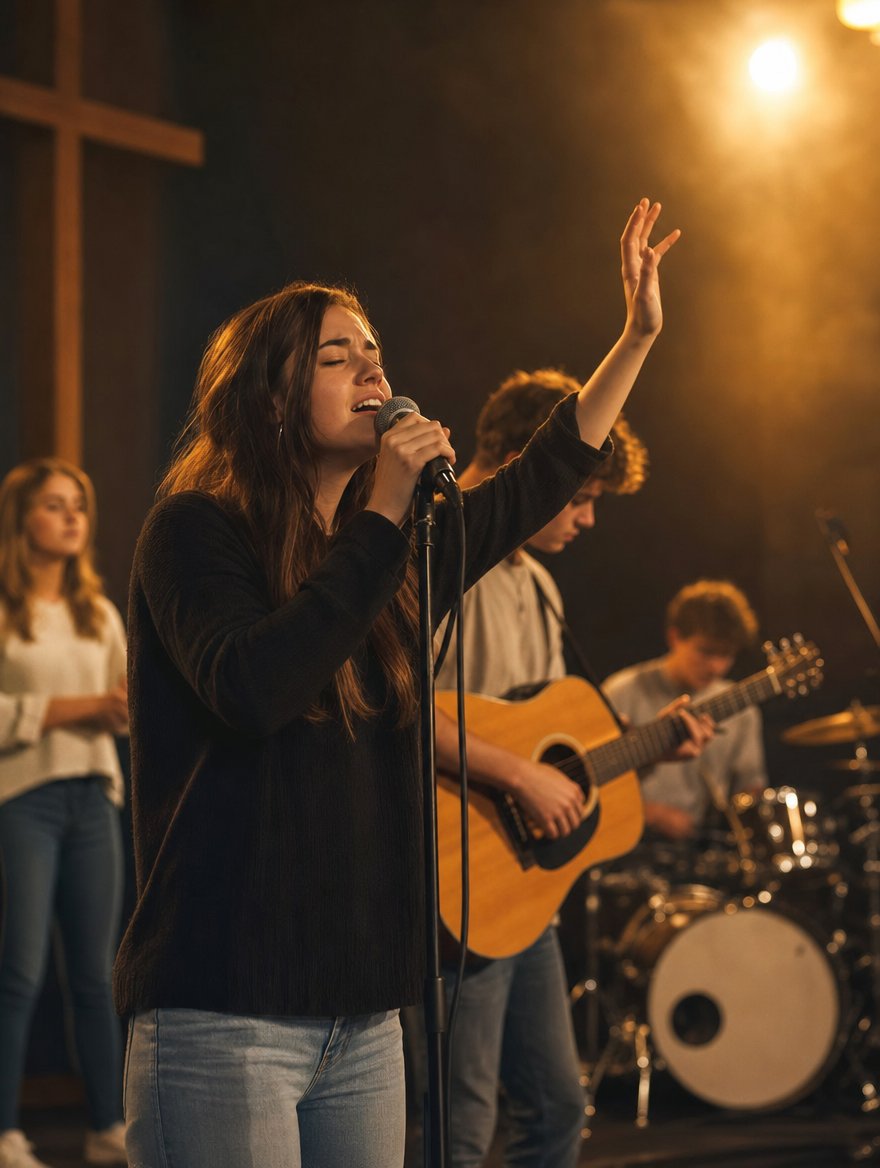 Youth worship band singing and playing on stage