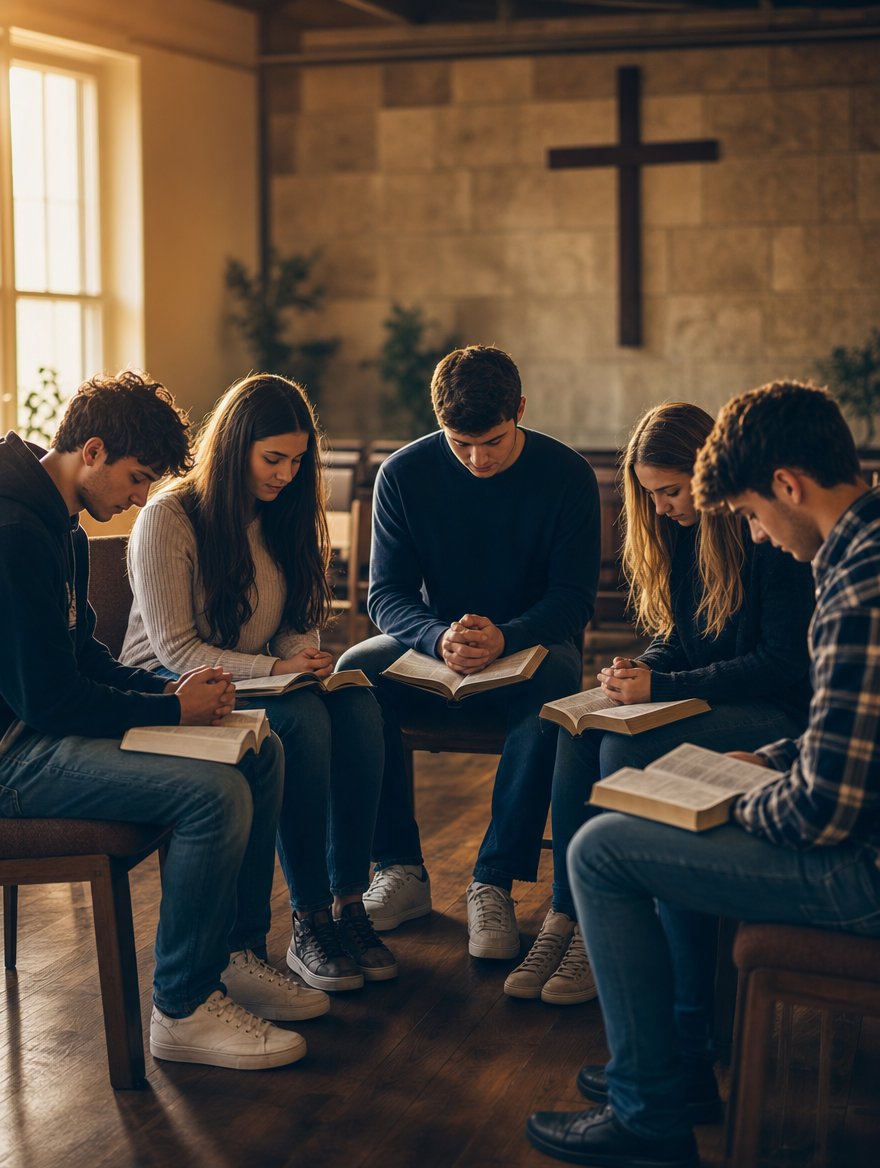 Youth group praying together with open Bibles